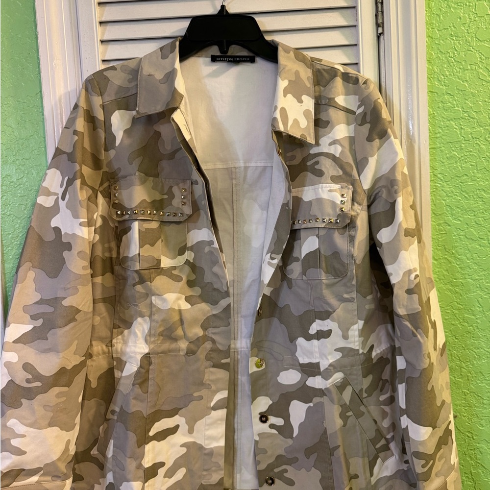 Boston Proper Beige Camouflage Utility Jacket with Matching Pants